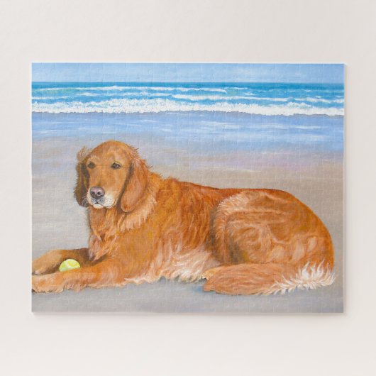 Golden Retriever op het strand met Tennis Ball Puz Legpuzzel (Horizontaal)