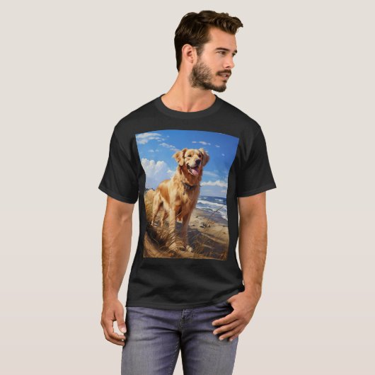 Golden retriever op het strand t-shirt (Voorkant volledig)