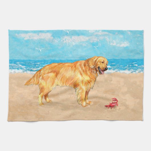 Golden Retriever op het Strand Theedoek (Horizontaal)