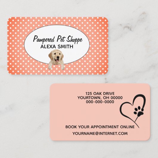 Golden Retriever op Polka Dots for Pet Grooming Visitekaartje (Voorkant / Achterkant)