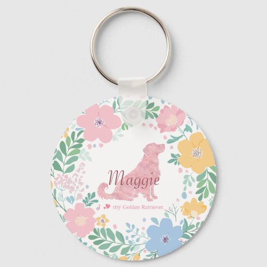 Golden Retriever Pastel Pink Flower Wreath Sleutelhanger (Voorkant)