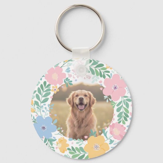 Golden Retriever Pastel Pink Flower Wreath Sleutelhanger (Achterkant)