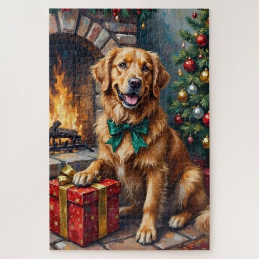 Golden Retriever Patiently Guarding Christmas Gift Legpuzzel (Verticaal)
