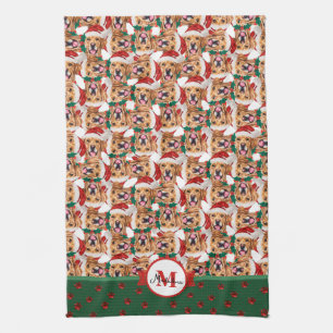 Golden Retriever Patroon Monogram Kerstdag Hond Theedoek
