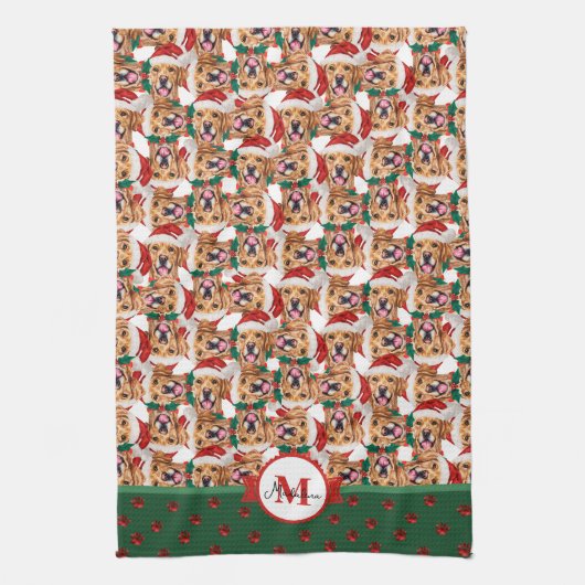 Golden Retriever Patroon Monogram Kerstdag Hond Theedoek (Verticaal)
