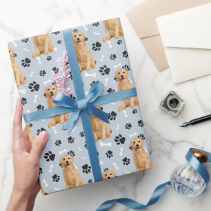 Golden Retriever Paw Print Pattern op Silver Blue Cadeaupapier