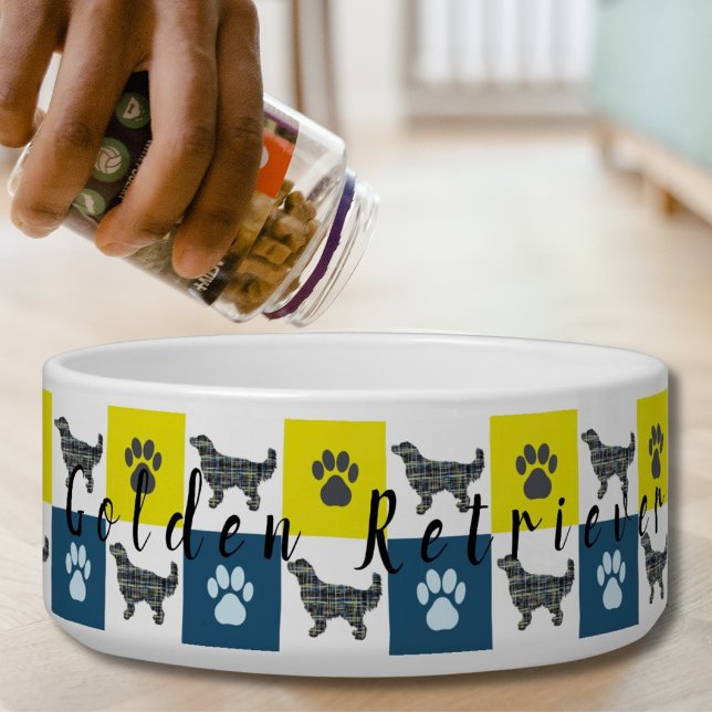 Golden Retriever & Paw Yellow & Blue Grid Dog Bowl Voerbakje (Creator heeft geüpload)