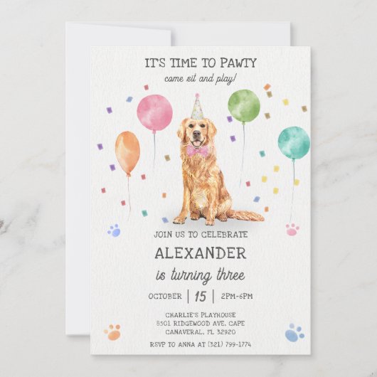 Golden Retriever Pawty Dog Puppy Verjaardag Blauw Kaart (Voorkant)