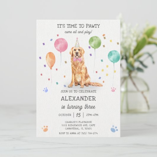 Golden Retriever Pawty Dog Puppy Verjaardag Blauw Kaart (Staand voorkant)