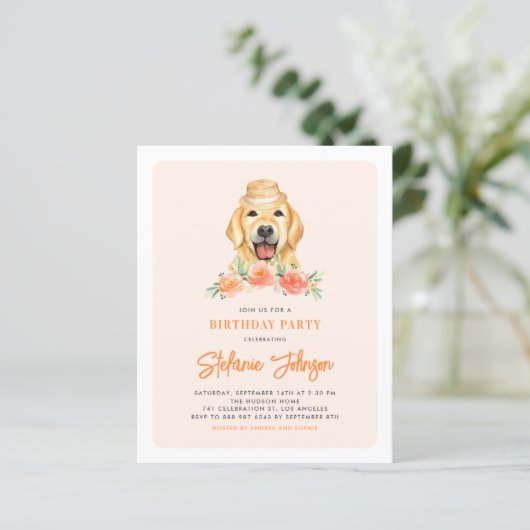 Golden Retriever Peach Verjaardagsfeestuitnodiging (Staand voorkant)