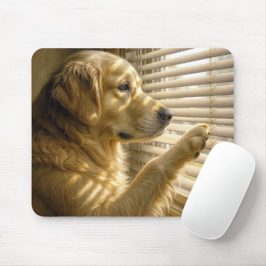 Golden Retriever Peeking Through Sunlit Blinds Muismat (Met muis)
