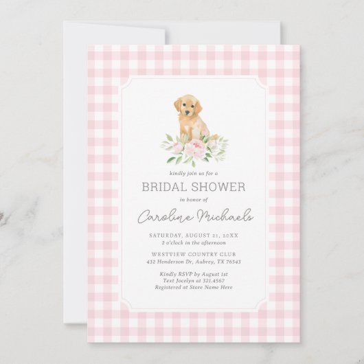 Golden Retriever Pink Gingham Vrijgezellenfeest Kaart (Voorkant)