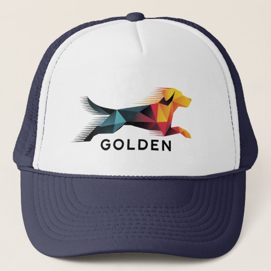 Golden retriever poligonal en amarillo y azul trucker pet (Voorkant)