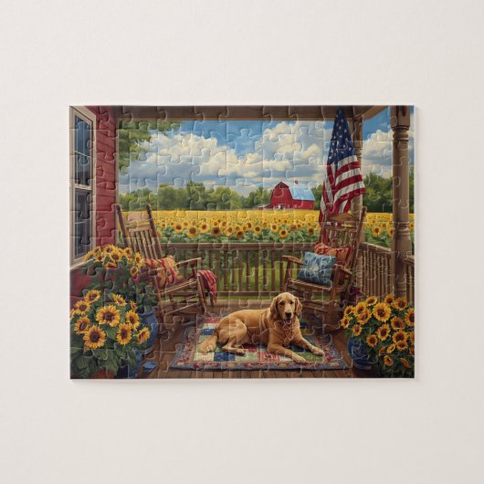Golden Retriever Porch Sunflowers USA Flag Legpuzzel (Horizontaal)