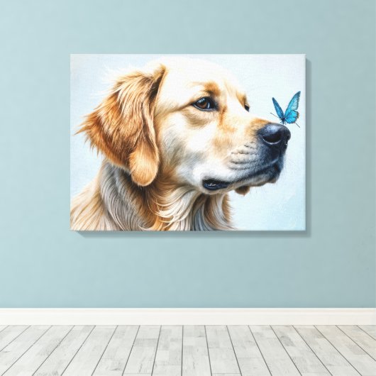 Golden Retriever Portret met vlinder Canvas Afdruk (Insitu (Houten vloer))