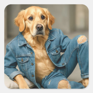 Golden Retriever poseren in blauwe jeans Vierkante Sticker