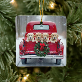 Golden Retriever Puppies In Christmas Truck Keramisch Ornament