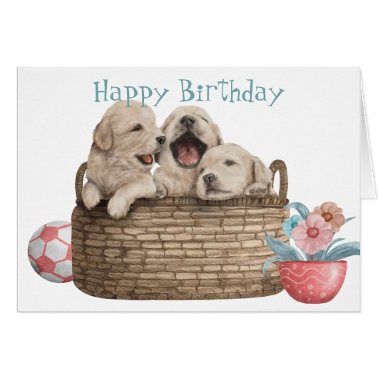 Golden Retriever-Puppies in mandje Birthday Card (Voorkant Horizontaal)