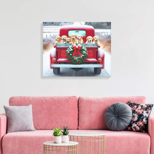 Golden Retriever Puppies in Retro Truck Canvas Afdruk (Insitu (Woonkamer))