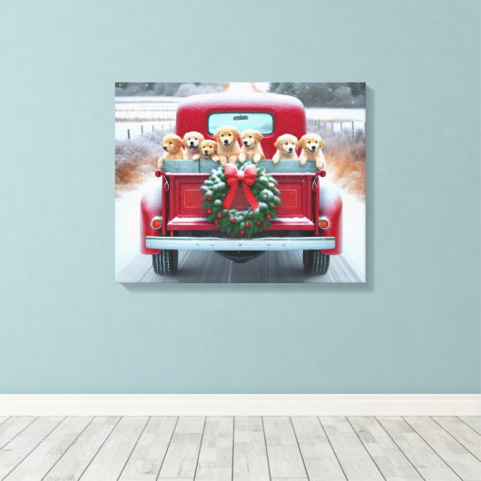 Golden Retriever Puppies in Retro Truck Canvas Afdruk (Insitu (Houten vloer))