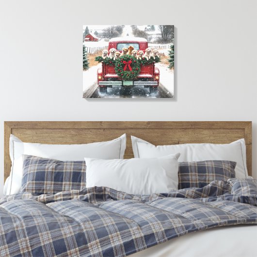 Golden Retriever Puppies in rode kersttruck Canvas Afdruk (Insitu (Slaapkamer))