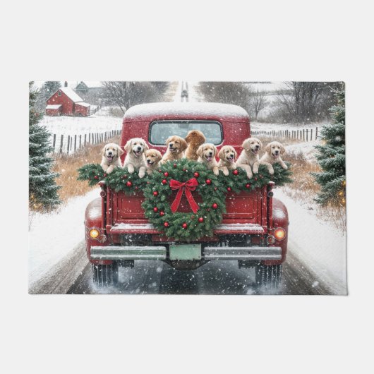 Golden Retriever Puppies in rode kersttruck Deurmat (Voorkant)