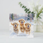 Golden Retriever Puppies in Sneeuwpuppy Kerst Feestdagenkaart (Staand voorkant)