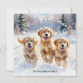 Golden Retriever Puppies in Sneeuwpuppy Kerst Feestdagenkaart (Voorkant)