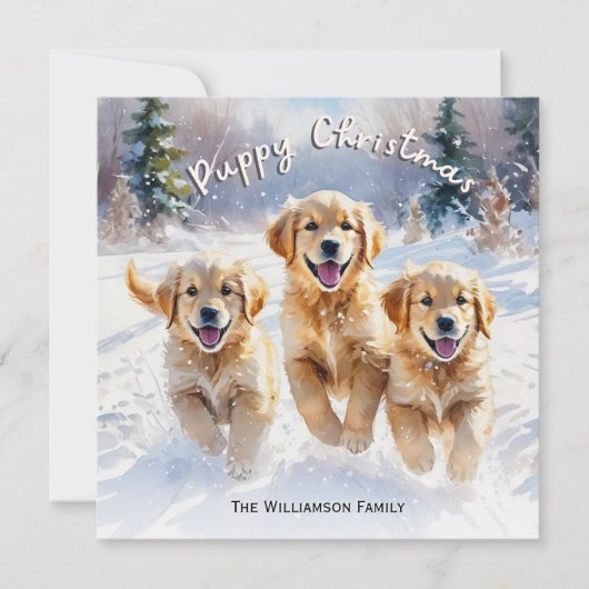 Golden Retriever Puppies in Sneeuwpuppy Kerst Feestdagenkaart (Voorkant)