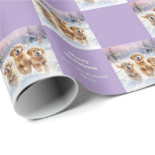 Golden Retriever Puppies in Snow Lilac Christmas Cadeaupapier (Rol Hoek)