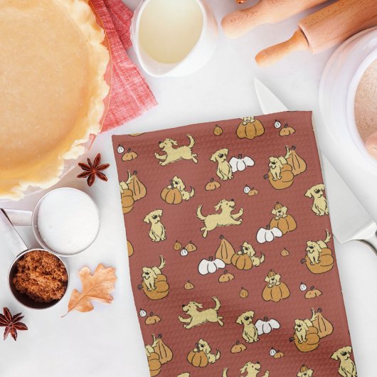 Golden Retriever Puppies Pompoenen Patroon Herfst Theedoek