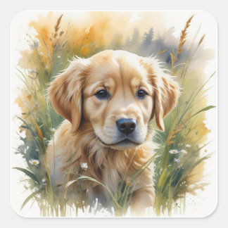 Golden retriever puppy at sunset vierkante sticker