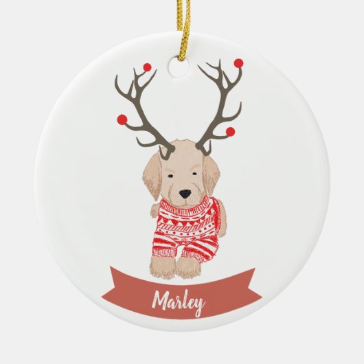 Golden Retriever Puppy Deer Antler gepersonaliseer Keramisch Ornament (Voorkant)