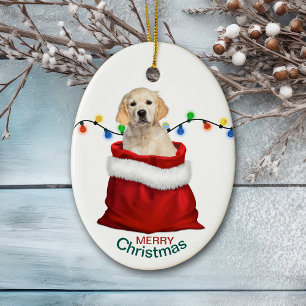 Golden Retriever Puppy Dog in Holiday Gift Bag Keramisch Ornament