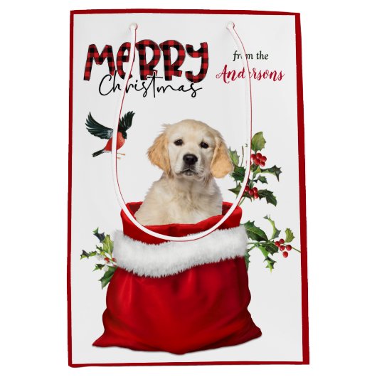Golden Retriever Puppy Dog Kerstmis Medium Cadeauzakje (Voorkant)
