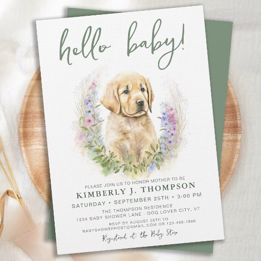 Golden Retriever Puppy Dog Modern Sage Baby shower Kaart