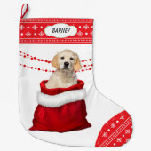 Golden Retriever Puppy Dog Snowflake Border Grote Kerstsok (Voorkant)