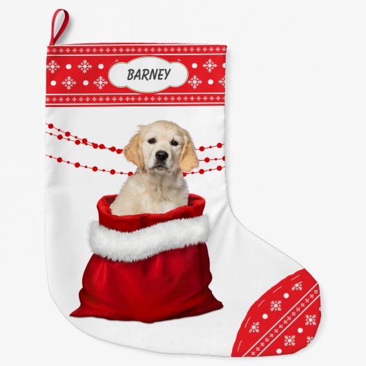 Golden Retriever Puppy Dog Snowflake Border Grote Kerstsok (Voorkant)