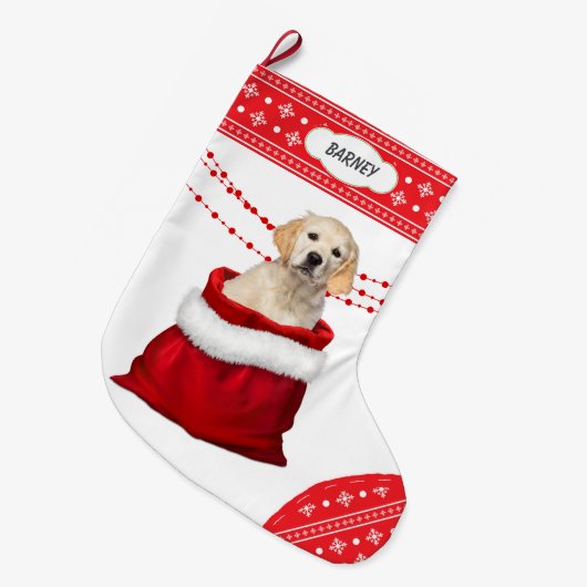 Golden Retriever Puppy Dog Snowflake Border Grote Kerstsok (Voorkant (Hangend))