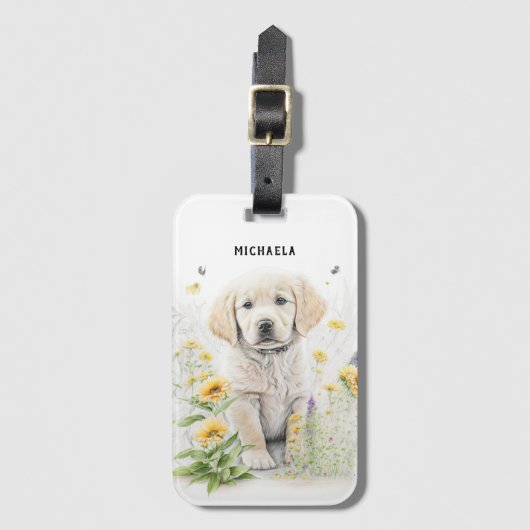Golden Retriever Puppy en Florals Monogram Naam Bagagelabel (Voorkant (verticaal))