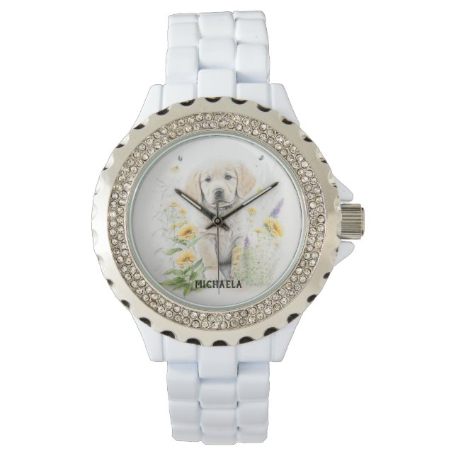 Golden Retriever Puppy en florals monogram naam Horloge (Voorkant)