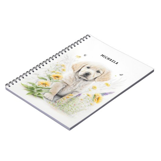 Golden Retriever Puppy en Florals Monogram Naam Notitieboek (Linkerzijde)