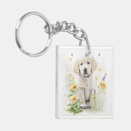 Golden Retriever Puppy en florals monogram naam Sleutelhanger (Voorkant Links)