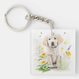Golden Retriever Puppy en florals monogram naam Sleutelhanger