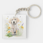 Golden Retriever Puppy en florals monogram naam Sleutelhanger (Achterkant)