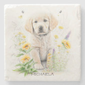 Golden Retriever Puppy en Florals Monogram Naam Stenen Onderzetter (Voorkant)