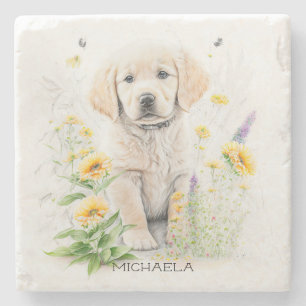 Golden Retriever Puppy en Florals Monogram Naam Stenen Onderzetter