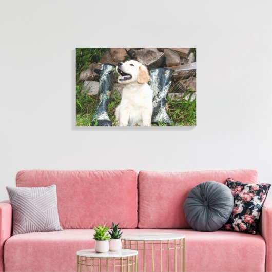 Golden Retriever Puppy en Jachtlaarzen Canvas Afdruk (Insitu (Woonkamer))