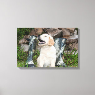Golden Retriever Puppy en Jachtlaarzen Canvas Afdruk