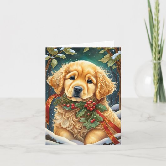 Golden Retriever Puppy Feestelijke Holly Feestdagen Kaart (Voorkant)